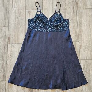 Cacique Chemise Nightgown Size 22/24 Navy Blue Lace Underwire Satin Lingerie